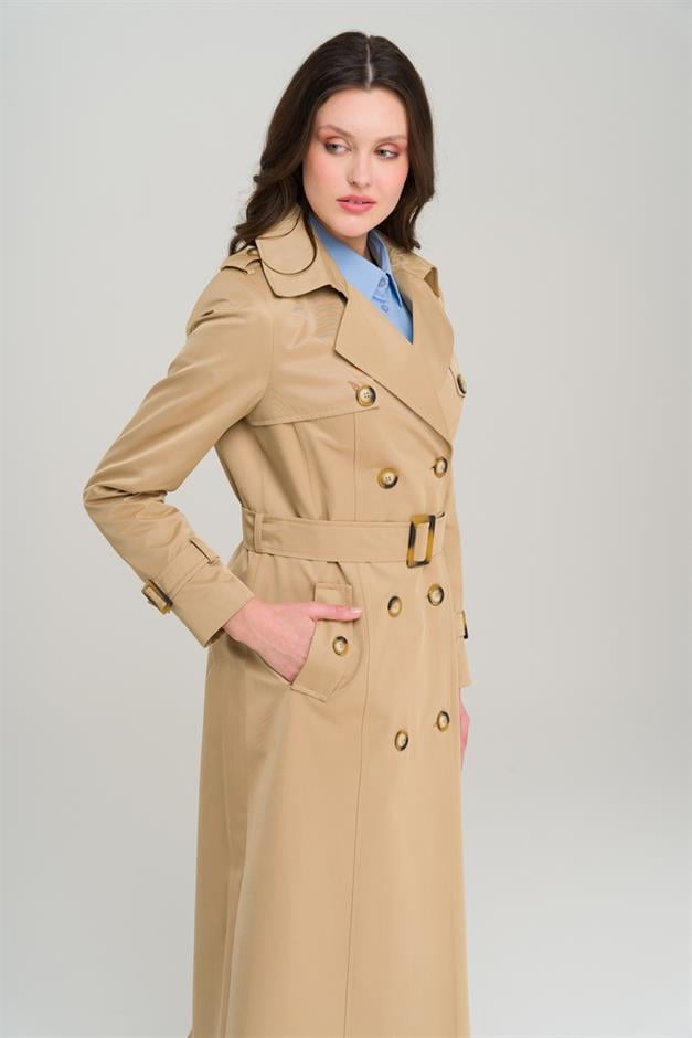 Double-breasted Water-Repellent Trench Coat with Epaulette and Cape Details CAMEL 6695