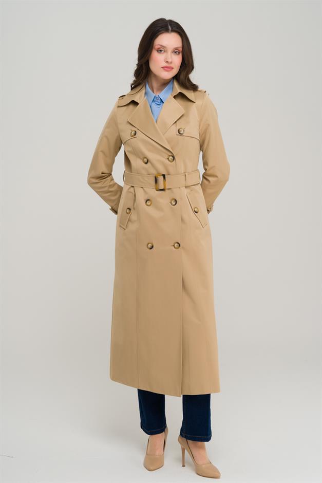 Double-breasted Water-Repellent Trench Coat with Epaulette and Cape Details CAMEL 6695
