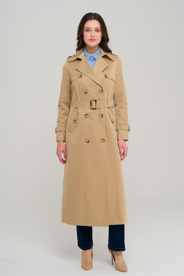 Double-breasted Water-Repellent Trench Coat with Epaulette and Cape Details CAMEL 6695