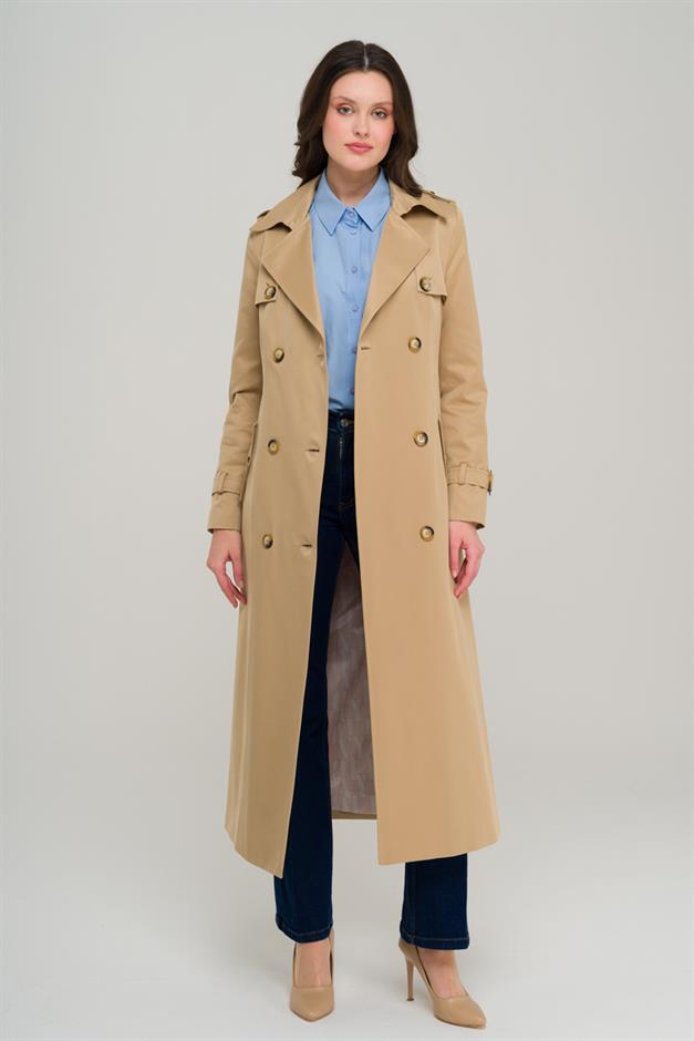 Double-breasted Water-Repellent Trench Coat with Epaulette and Cape Details CAMEL 6695