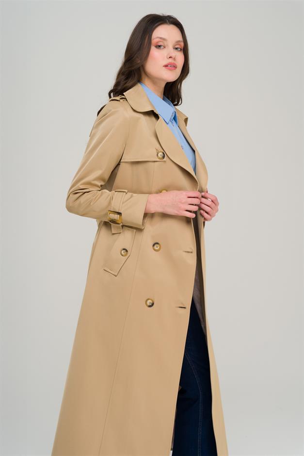 Double-breasted Water-Repellent Trench Coat with Epaulette and Cape Details CAMEL 6695