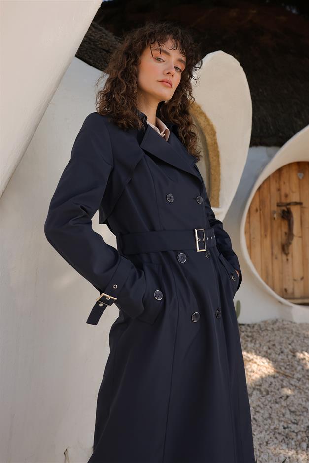 Apolet ve Pelerin Detaylı Kruvaze Trençkot LACİVERT 6651
