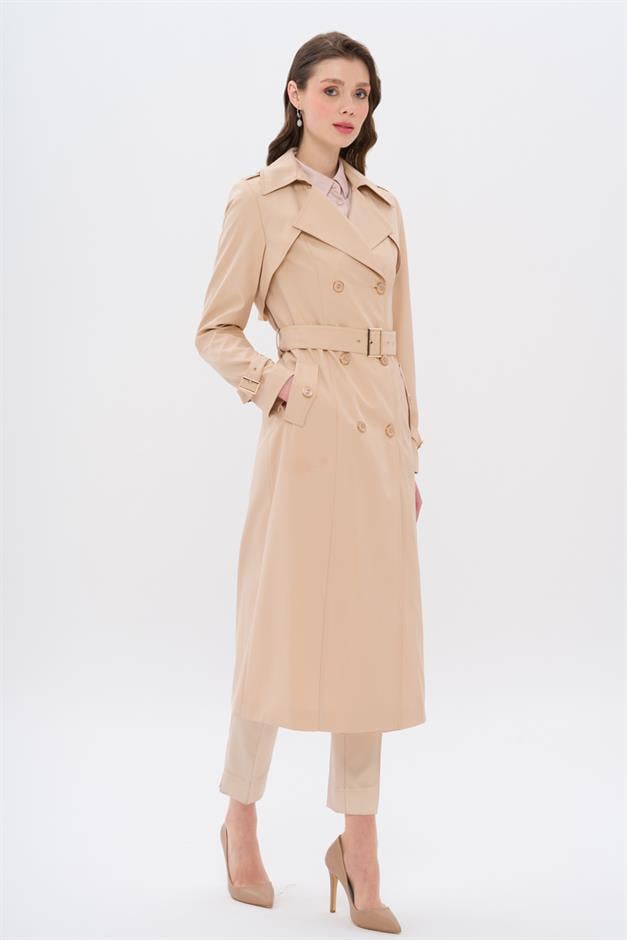 Double-Breasted Trench Coat with Epaulette and Cape Details IVORY 6651