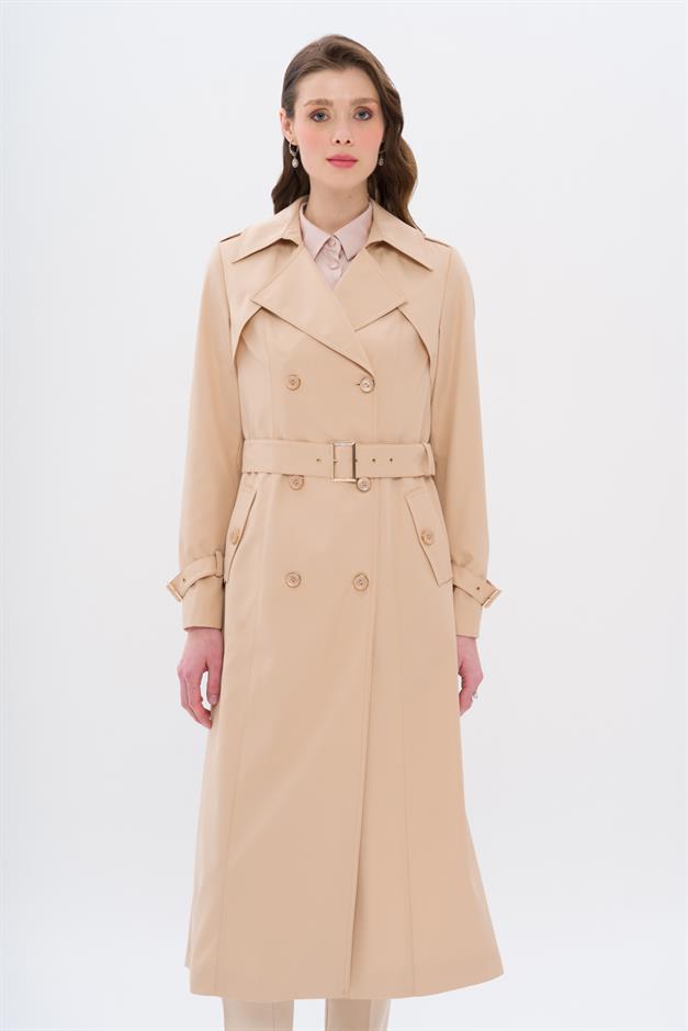 Double-Breasted Trench Coat with Epaulette and Cape Details IVORY 6651
