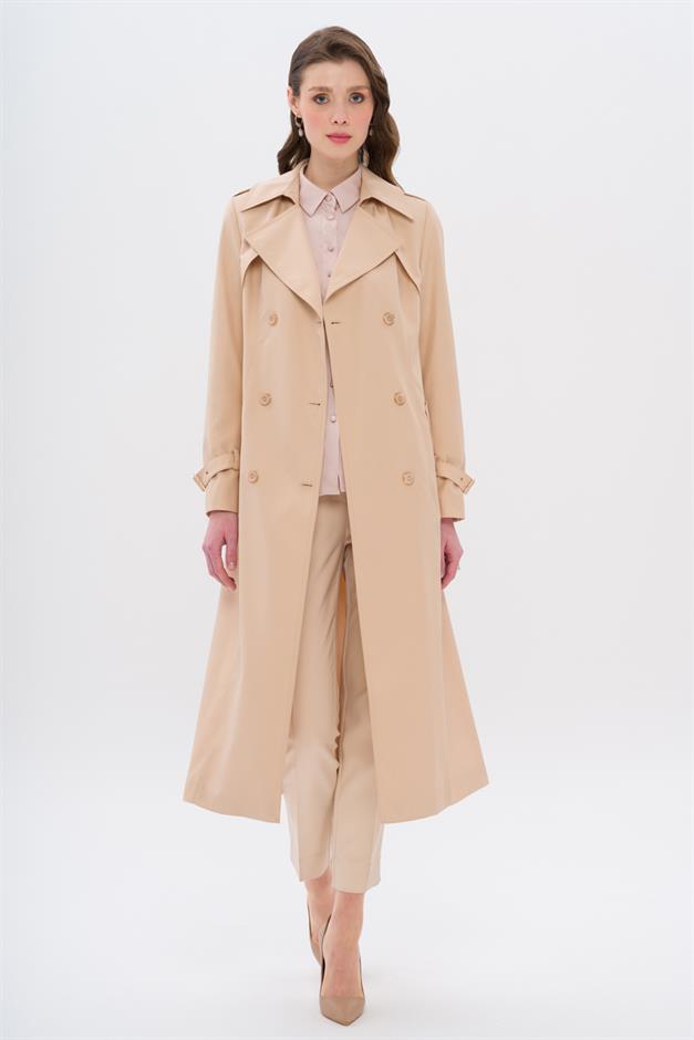 Double-Breasted Trench Coat with Epaulette and Cape Details IVORY 6651
