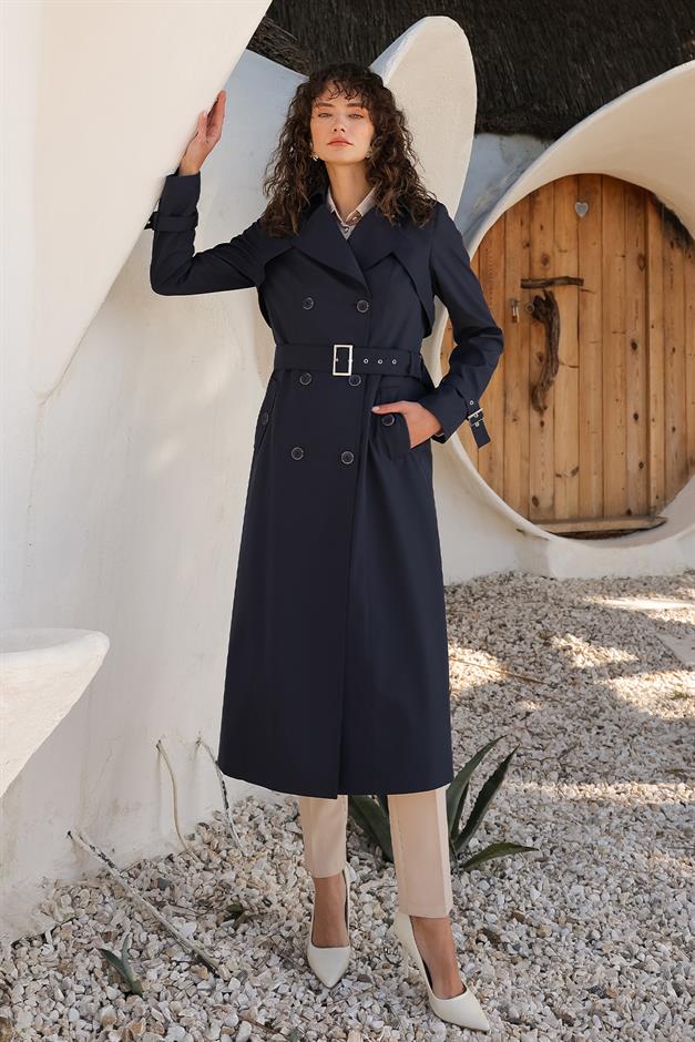 Apolet ve Pelerin Detaylı Kruvaze Trençkot LACİVERT 6651