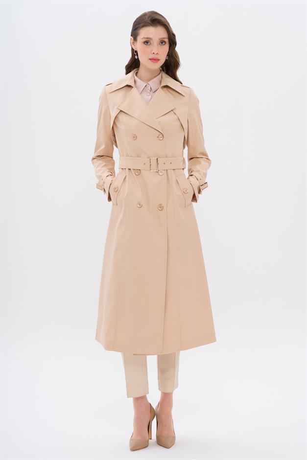 Double-Breasted Trench Coat with Epaulette and Cape Details IVORY 6651