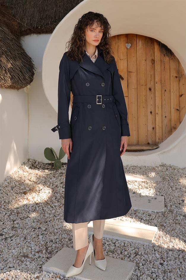 Apolet ve Pelerin Detaylı Kruvaze Trençkot LACİVERT 6651