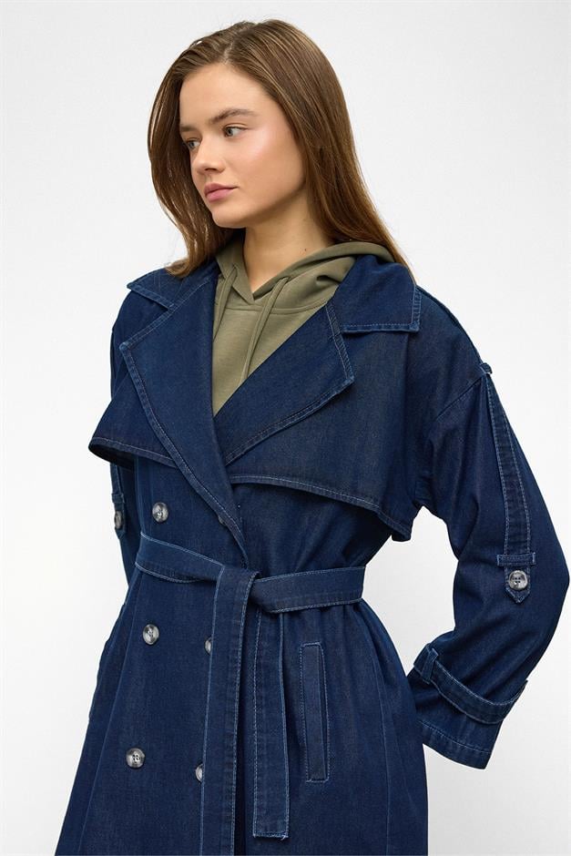 Oversized Denim Trench Coat with Epaulette and Cape Detail DARK BLUE 6789