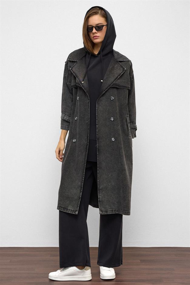 Oversized Denim Trench Coat with Epaulette and Cape Detail HARD COAL 6789