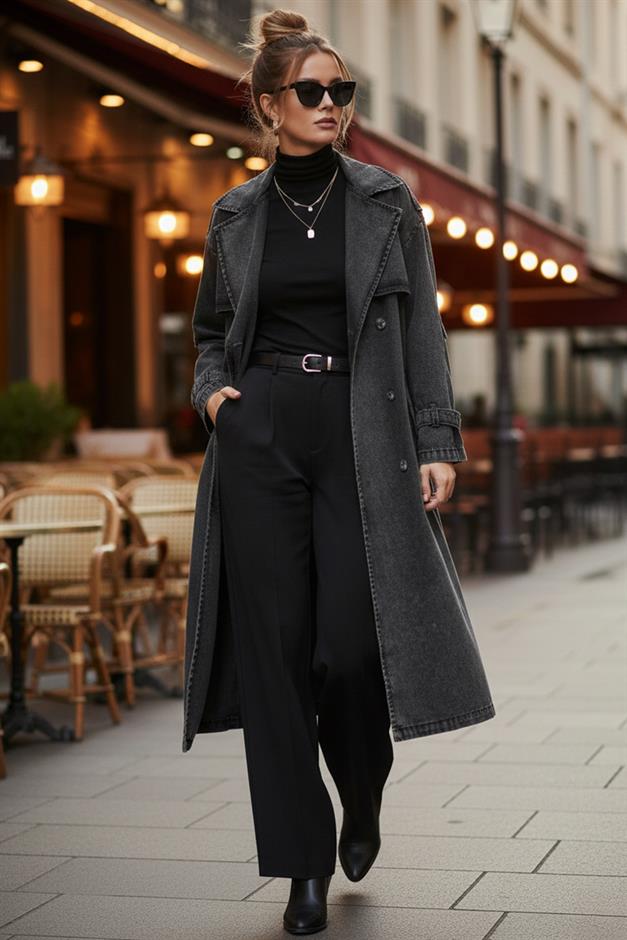 Oversized Denim Trench Coat with Epaulette and Cape Detail HARD COAL 6789
