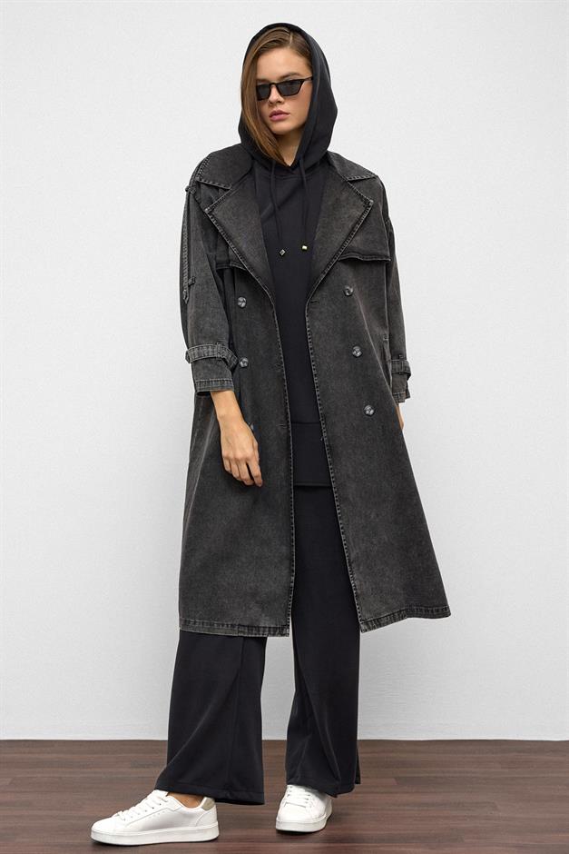 Oversized Denim Trench Coat with Epaulette and Cape Detail HARD COAL 6789