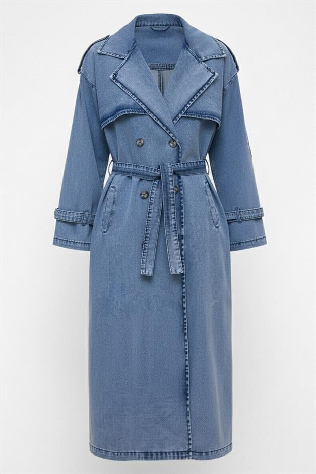 Apolet ve Pelerin Detaylı Oversize Denim Trençkot MAVİ 6789