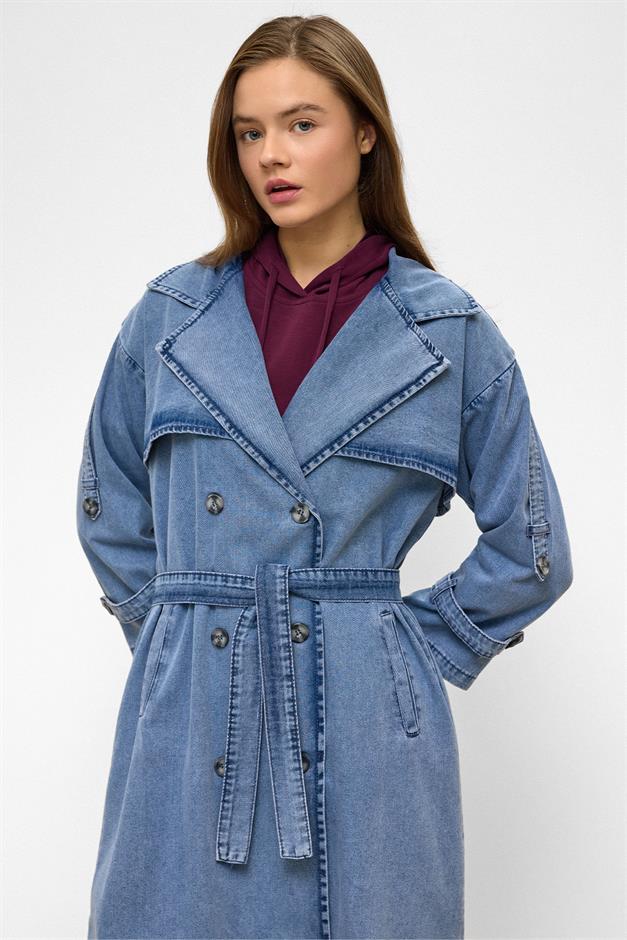 Oversized Denim Trench Coat with Epaulette and Cape Detail BLUE 6789