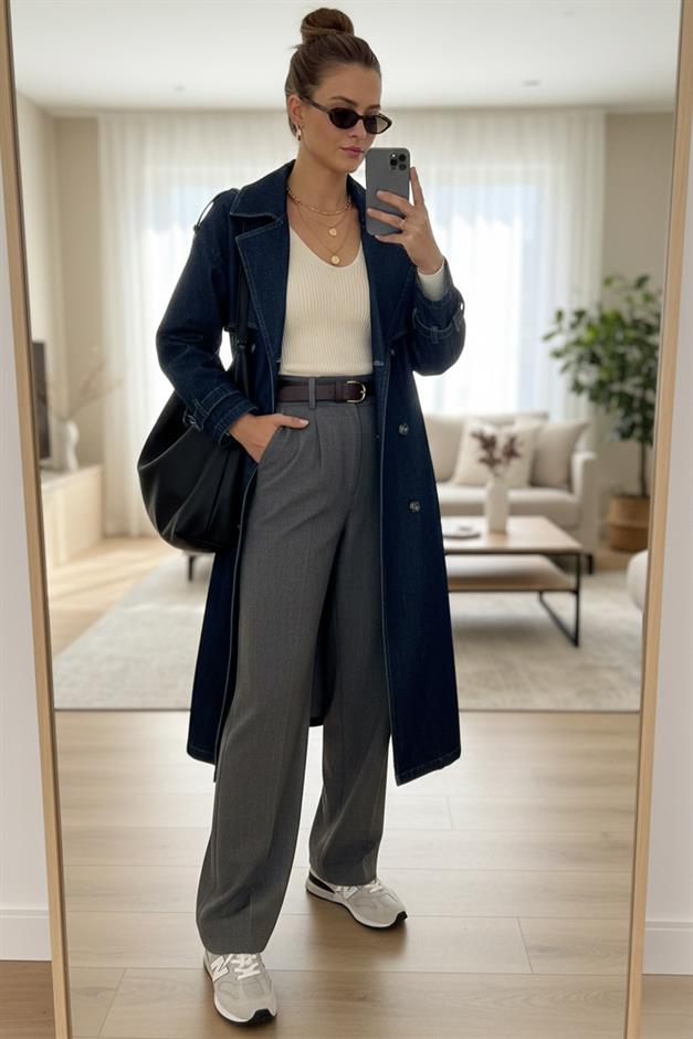 Apolet ve Pelerin Detaylı Oversize Denim Trençkot KOYU MAVİ 6789