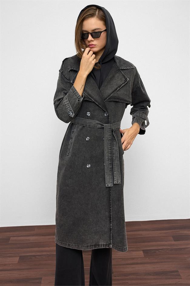 Oversized Denim Trench Coat with Epaulette and Cape Detail HARD COAL 6789
