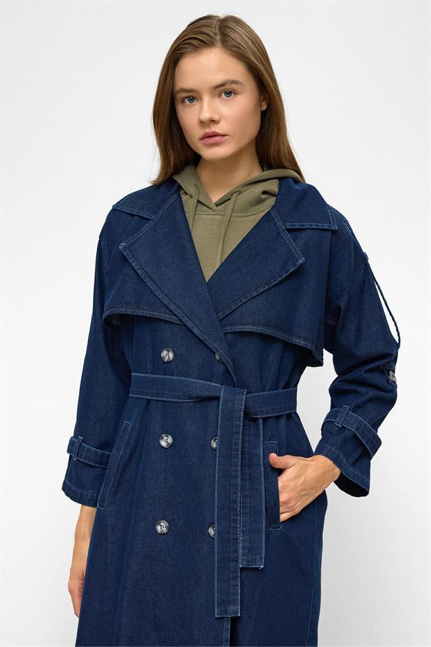 Oversized Denim Trench Coat with Epaulette and Cape Detail DARK BLUE 6789