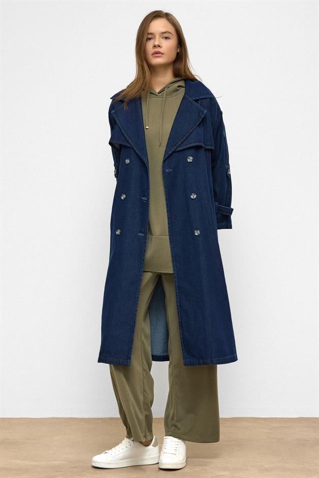 Oversized Denim Trench Coat with Epaulette and Cape Detail DARK BLUE 6789