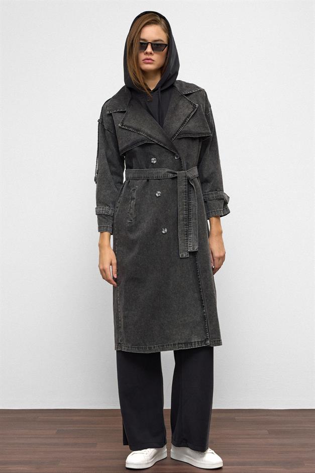Oversized Denim Trench Coat with Epaulette and Cape Detail HARD COAL 6789
