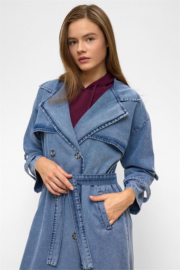 Oversized Denim Trench Coat with Epaulette and Cape Detail BLUE 6789