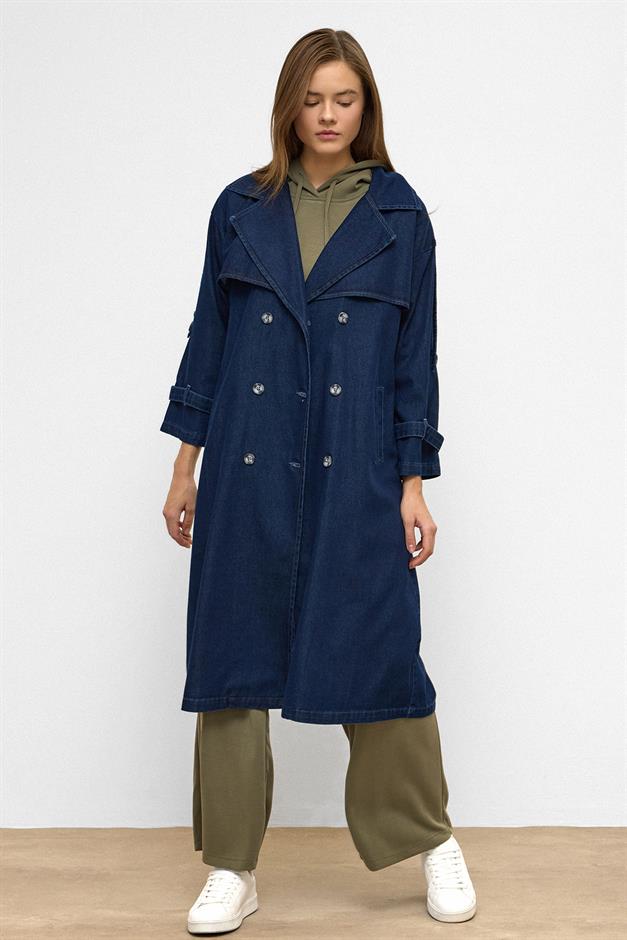 Apolet ve Pelerin Detaylı Oversize Denim Trençkot KOYU MAVİ 6789