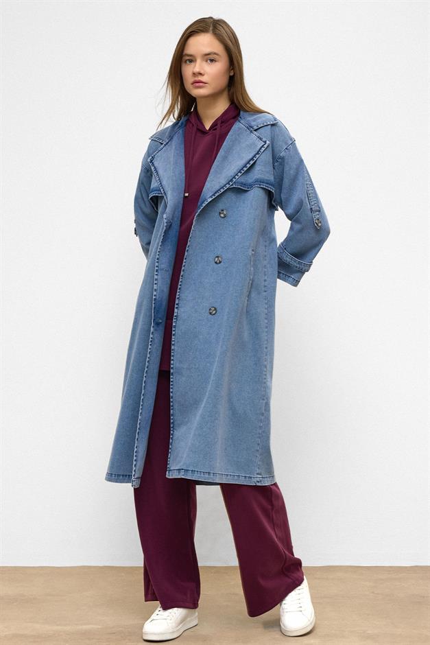 Oversized Denim Trench Coat with Epaulette and Cape Detail BLUE 6789