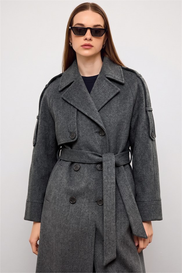 Apolet ve Pelerin Detaylı Oversize Kaban KOYU GRİ 3200