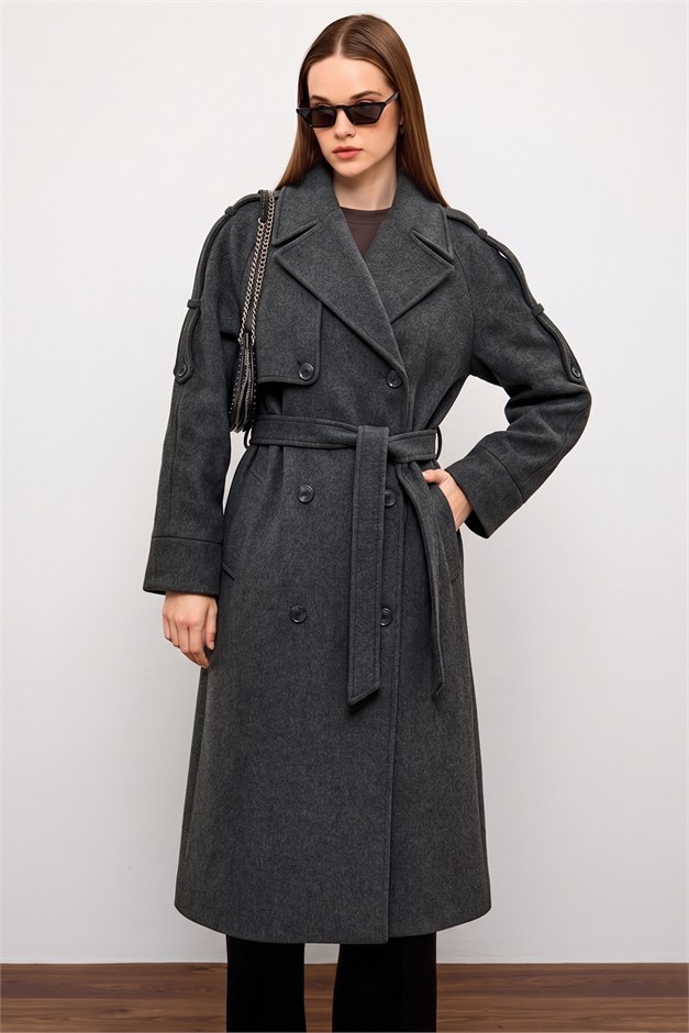 Apolet ve Pelerin Detaylı Oversize Kaban KOYU GRİ 3200