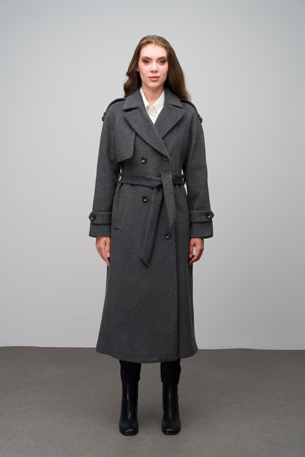 Raglan Sleeve Double Breasted Coat with Epaulette and Cape Detail DARK GREY 3045