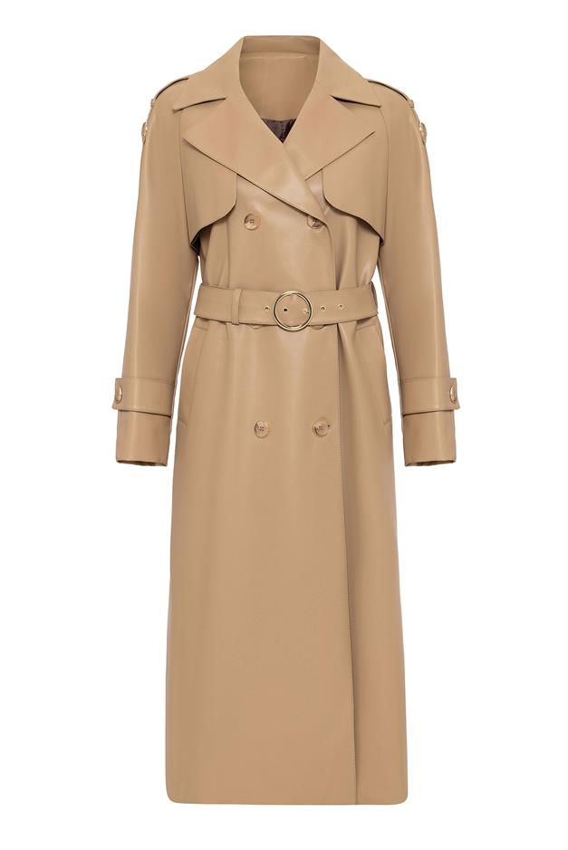 Raglan Sleeve Double Breasted Leather Trench Coat with Epaulette and Cape Detail CAMEL 6610