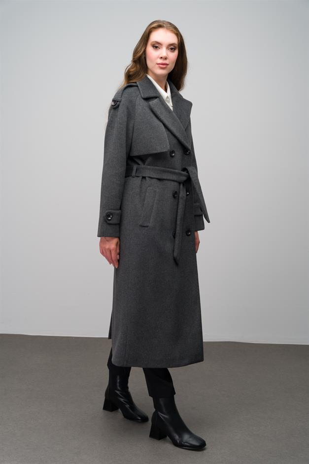Raglan Sleeve Double Breasted Coat with Epaulette and Cape Detail DARK GREY 3045