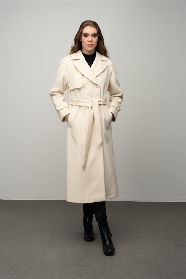 Raglan Sleeve Double Breasted Coat with Epaulette and Cape Detail IVORY 3045