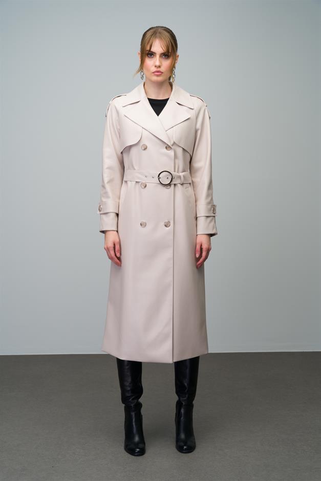 Raglan Sleeve Double Breasted Leather Trench Coat with Epaulette and Cape Detail STONE 6610