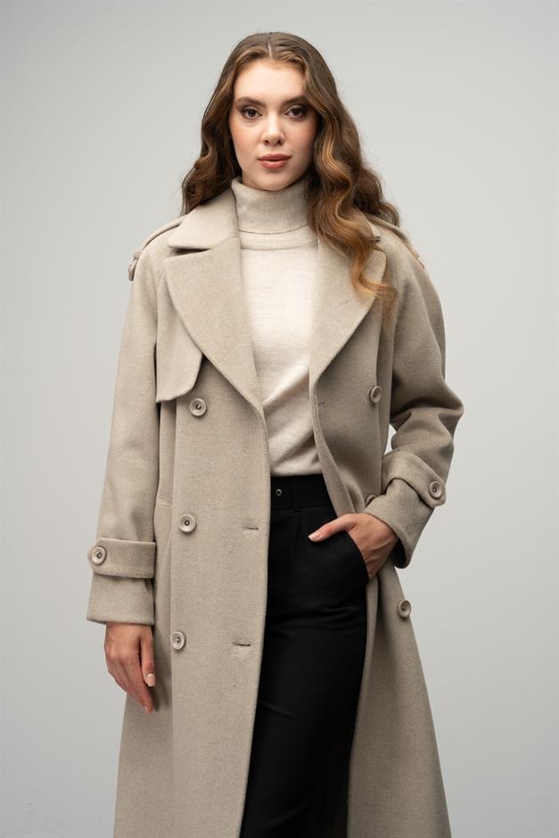 Raglan Sleeve Double Breasted Coat with Epaulette and Cape Detail STONE 3045