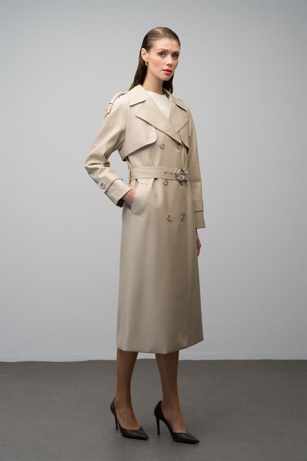 Raglan Sleeve Double Breasted Leather Trench Coat with Epaulette and Cape Detail IVORY 6610