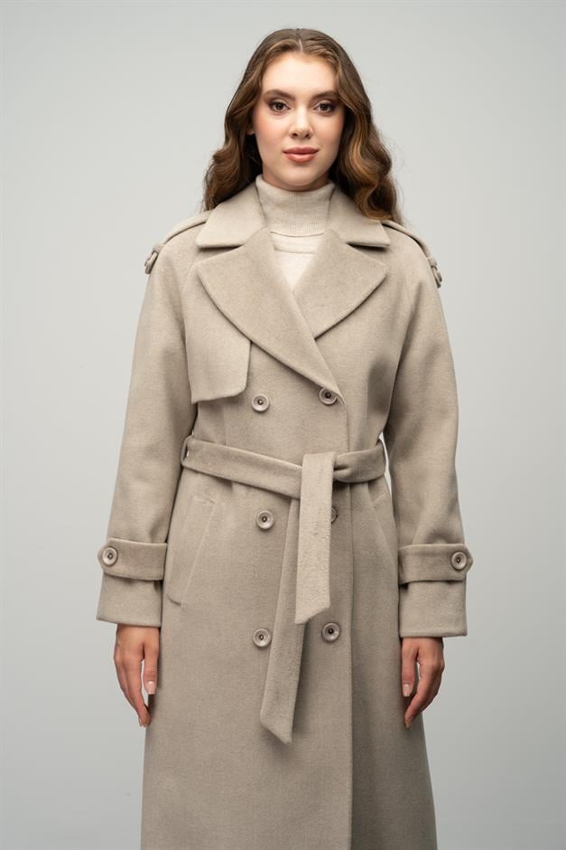 Raglan Sleeve Double Breasted Coat with Epaulette and Cape Detail STONE 3045