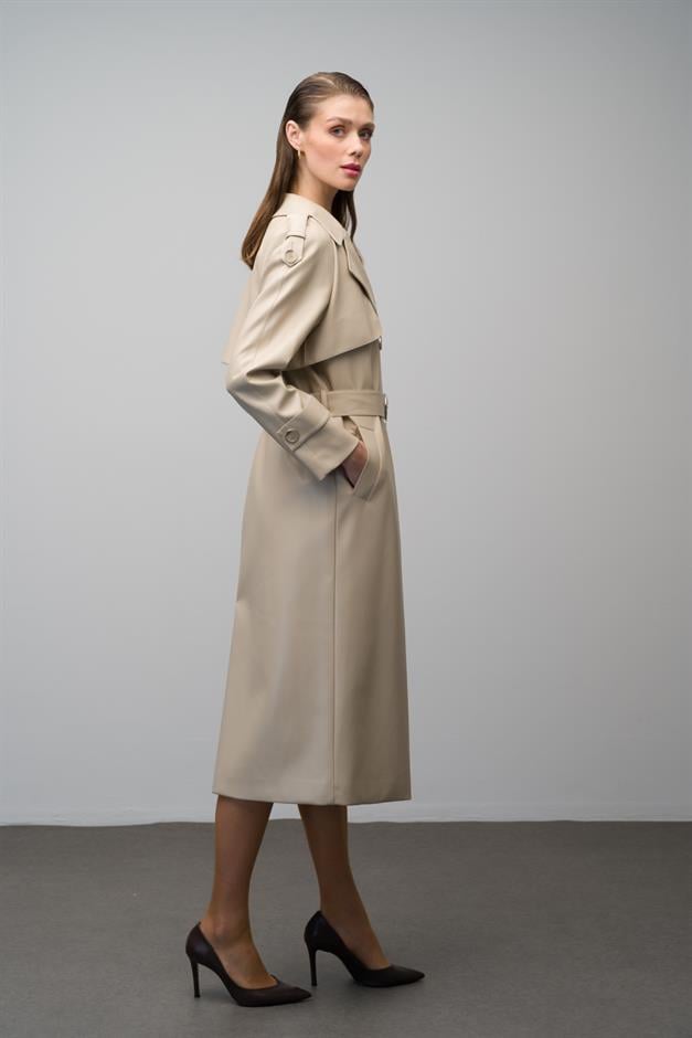 Raglan Sleeve Double Breasted Leather Trench Coat with Epaulette and Cape Detail IVORY 6610