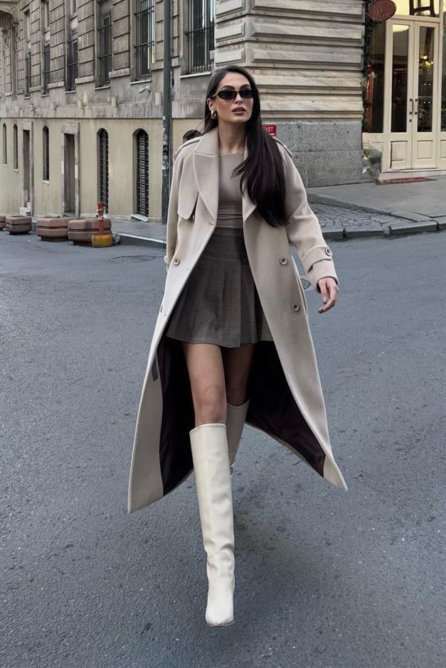 Raglan Sleeve Double Breasted Coat with Epaulette and Cape Detail IVORY 3045