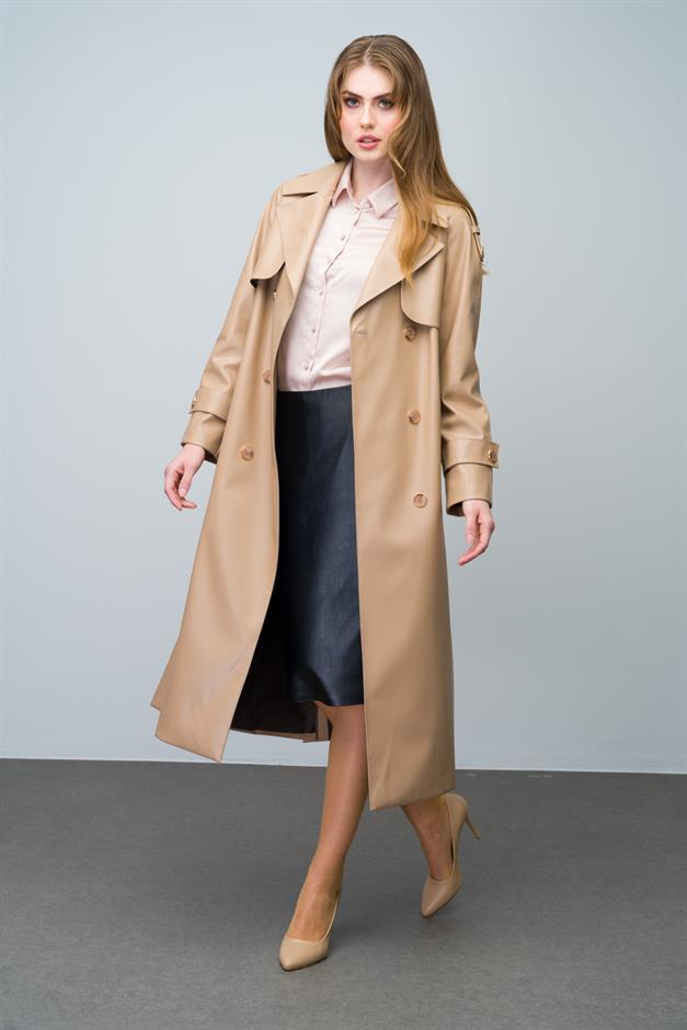 Raglan Sleeve Double Breasted Leather Trench Coat with Epaulette and Cape Detail CAMEL 6610
