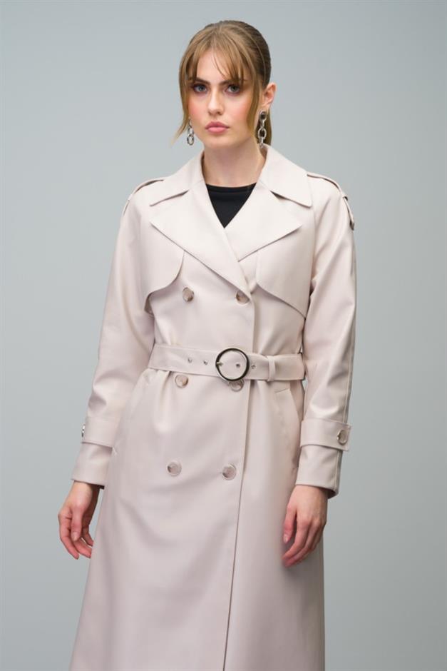 Raglan Sleeve Double Breasted Leather Trench Coat with Epaulette and Cape Detail STONE 6610