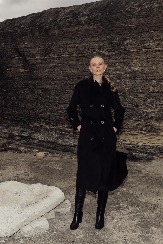 Raglan Sleeve Double Breasted Coat with Epaulette and Cape Detail BLACK 3045