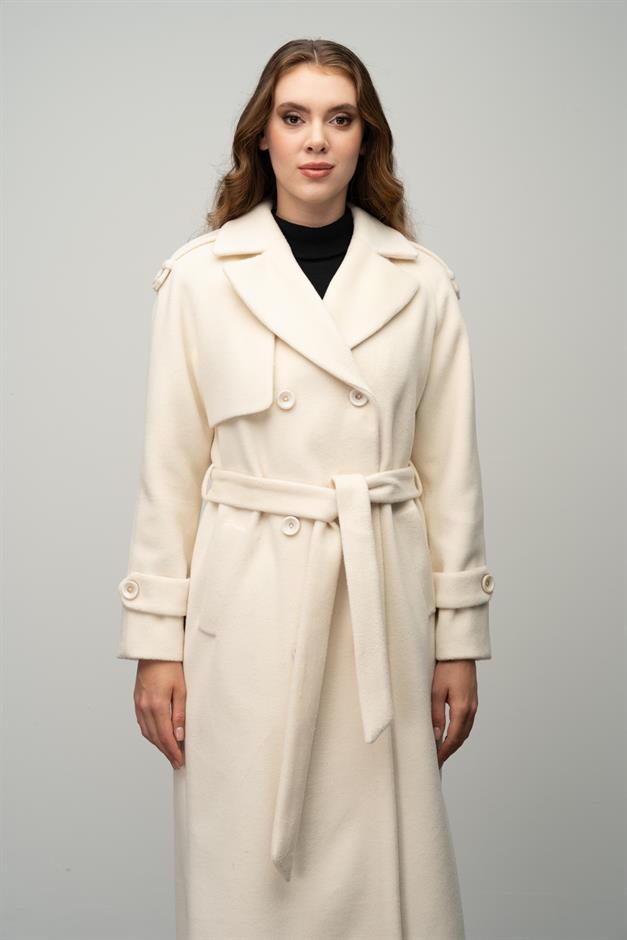 Raglan Sleeve Double Breasted Coat with Epaulette and Cape Detail IVORY 3045