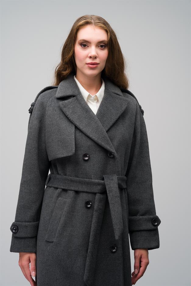 Raglan Sleeve Double Breasted Coat with Epaulette and Cape Detail DARK GREY 3045