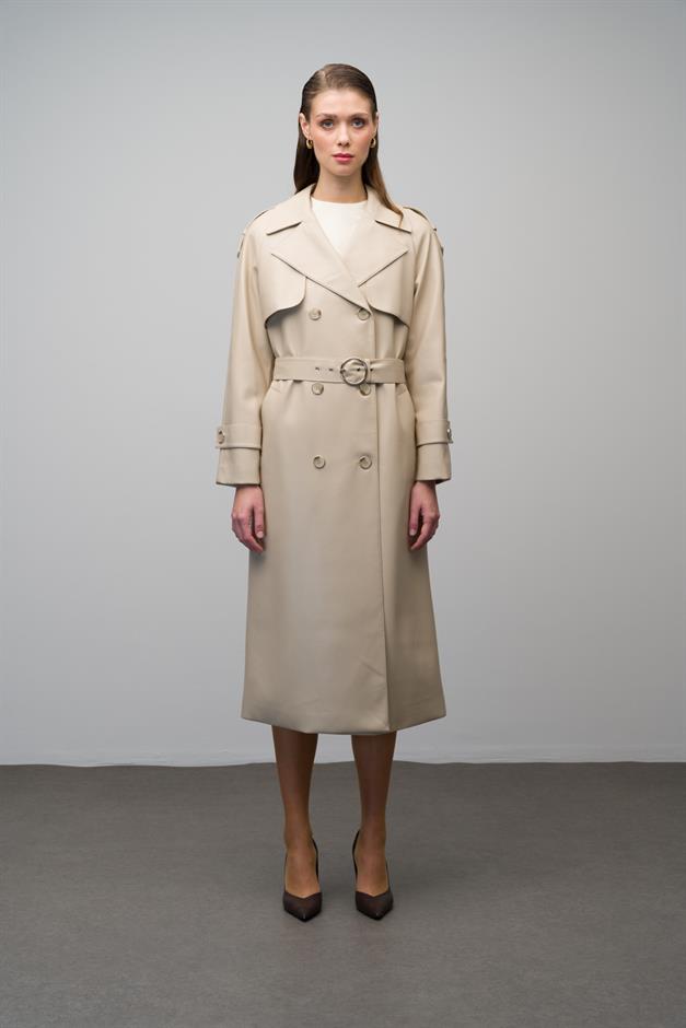 Raglan Sleeve Double Breasted Leather Trench Coat with Epaulette and Cape Detail IVORY 6610
