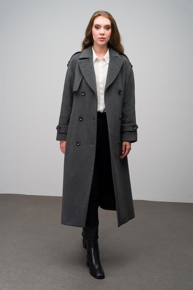 Raglan Sleeve Double Breasted Coat with Epaulette and Cape Detail DARK GREY 3045