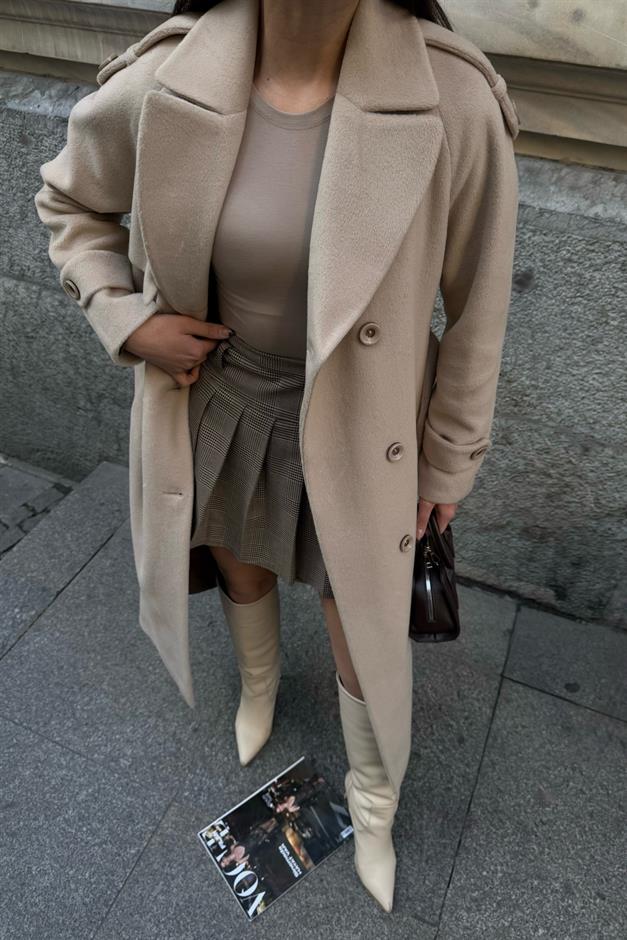 Raglan Sleeve Double Breasted Coat with Epaulette and Cape Detail IVORY 3045