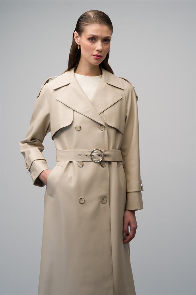 Raglan Sleeve Double Breasted Leather Trench Coat with Epaulette and Cape Detail IVORY 6610