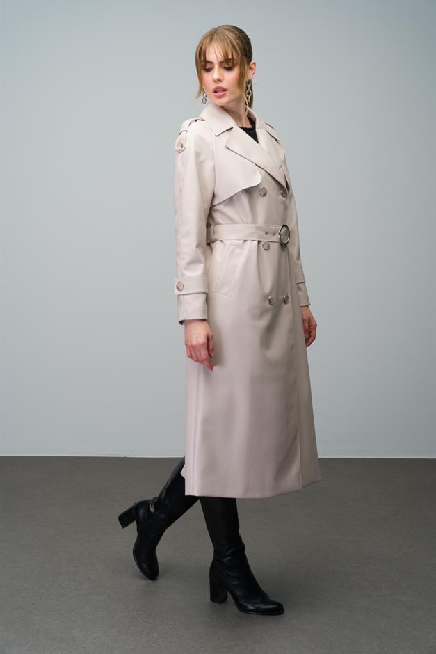 Raglan Sleeve Double Breasted Leather Trench Coat with Epaulette and Cape Detail STONE 6610