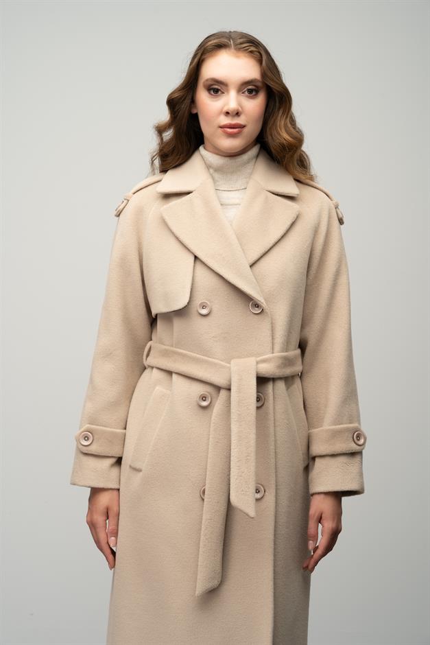 Raglan Sleeve Double Breasted Coat with Epaulette and Cape Detail IVORY 3045