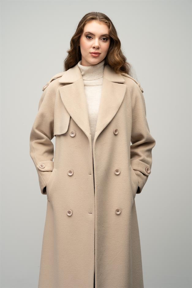 Raglan Sleeve Double Breasted Coat with Epaulette and Cape Detail IVORY 3045